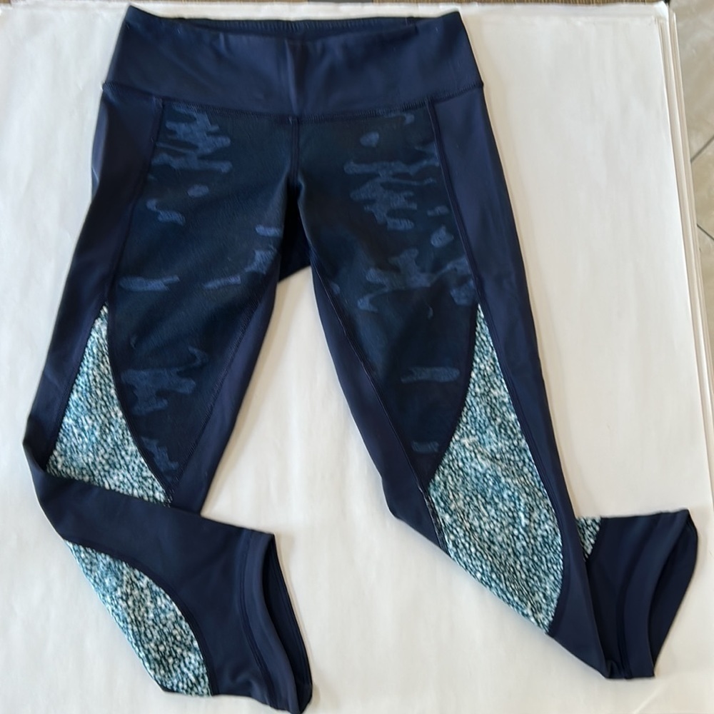 Lululemon Wunder Under Crop Blue Camo Pebble Inkwell Mixed Media Leggings size 4
